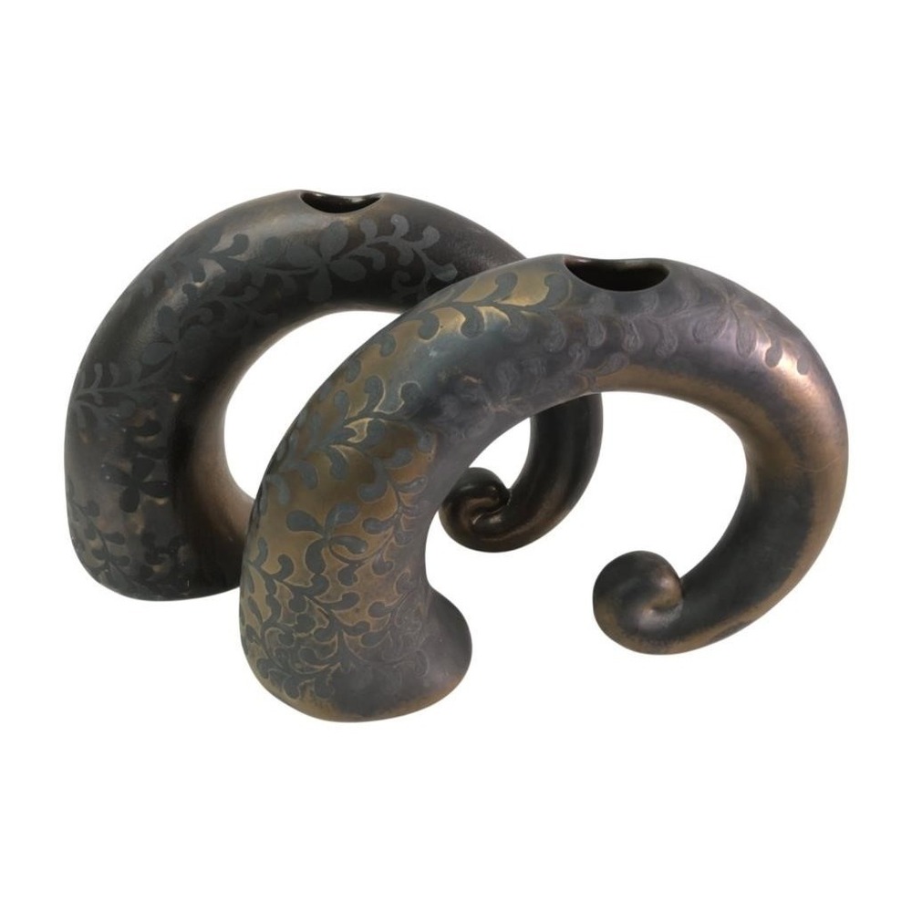 Vintage Mid Century Bronze Ceramic Horn Vases Pair Etched Floral Crescent Arc
